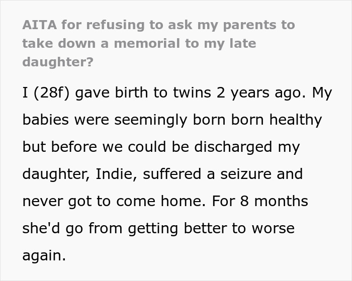 "[Am I The Jerk] For Refusing To Ask My Parents To Take Down A Memorial To My Late Daughter?"