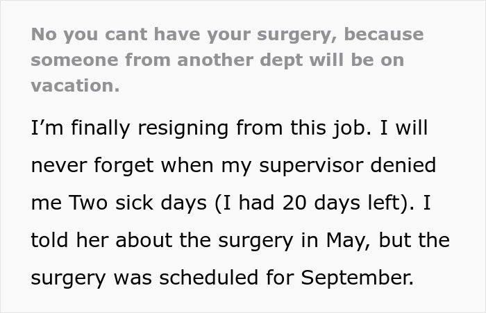 Employee Is Told To Reschedule Her Surgery Because Another Worker Will Be On Vacation That Day