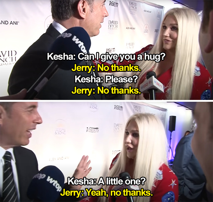 During A 2017 Event At The Kennedy Center, Kesha Interrupted Jerry Seinfeld's Interview To Ask For A Hug, Which He Declined