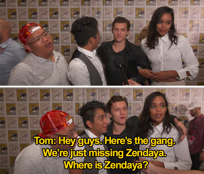 During San Diego Comic-Con 2016, Tom Holland's Spider-Man: Homecoming Costar Laura Harrier Linked Her Arm Through His, But He Instantly Slipped Away, Put Both Arms Around All His Costars, And Asked Where His Now-Girlfriend Zendaya Was