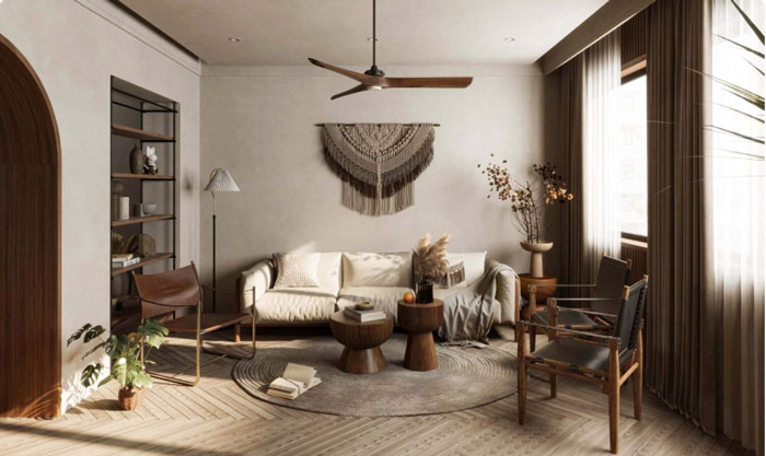 Living room featuring boho decor ideas with a cozy couch, brown chairs, plants, and natural wood coffee tables. Living room featuring boho decor ideas with a cozy couch, brown chairs, plants, and natural wood coffee tables.