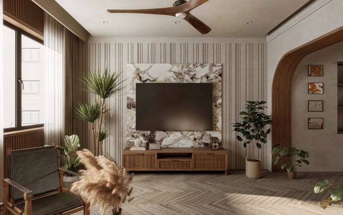 Living room with TV wall, coffee table, and plants showcasing unique boho decor ideas for a chic space. Living room with TV wall, coffee table, and plants showcasing unique boho decor ideas for a chic space.