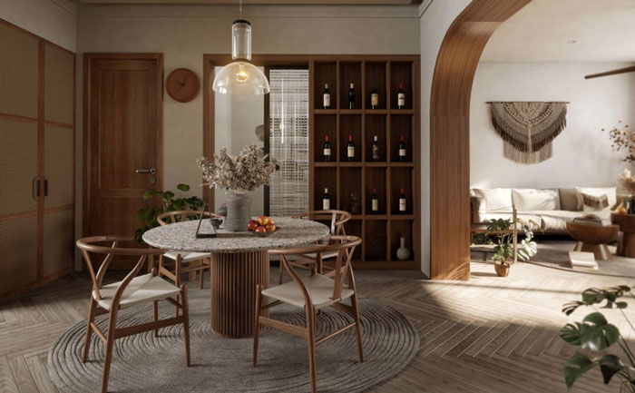 Dining room featuring a rounded table with flowers and white chairs, showcasing unique boho decor ideas for a chic space. Dining room featuring a rounded table with flowers and white chairs, showcasing unique boho decor ideas for a chic space.