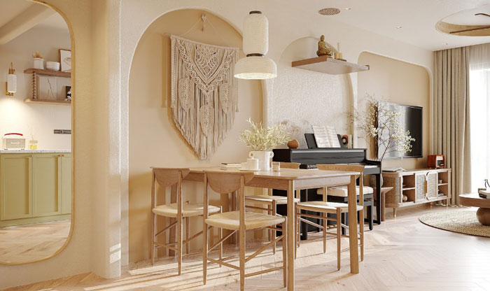 Wooden dining table and chairs with boho decor elements including macrame wall hanging and black piano in chic space. Wooden dining table and chairs with boho decor elements including macrame wall hanging and black piano in chic space.