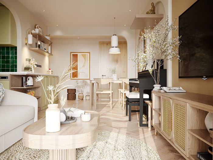 Wooden coffee table with white vase and flowers in a bright living room showcasing unique boho decor ideas. Wooden coffee table with white vase and flowers in a bright living room showcasing unique boho decor ideas.