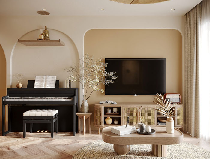 A living room with TV on the wall, wooden coffee table and piano 