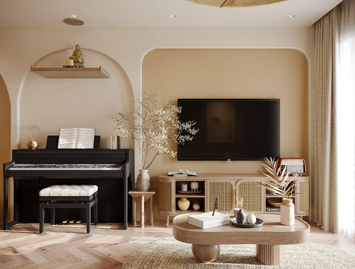 Boho decor living room with piano, wooden coffee table, rattan TV console, and neutral tones for a chic space. Boho decor living room with piano, wooden coffee table, rattan TV console, and neutral tones for a chic space.