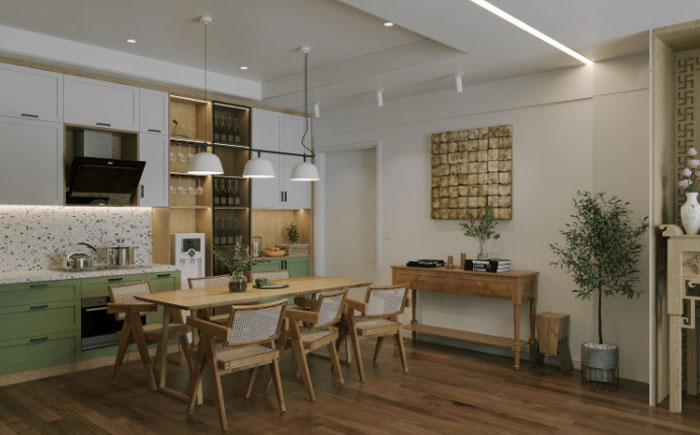 Boho decor kitchen featuring green and white cabinets with a wooden dining table and chairs for a chic space. Boho decor kitchen featuring green and white cabinets with a wooden dining table and chairs for a chic space.