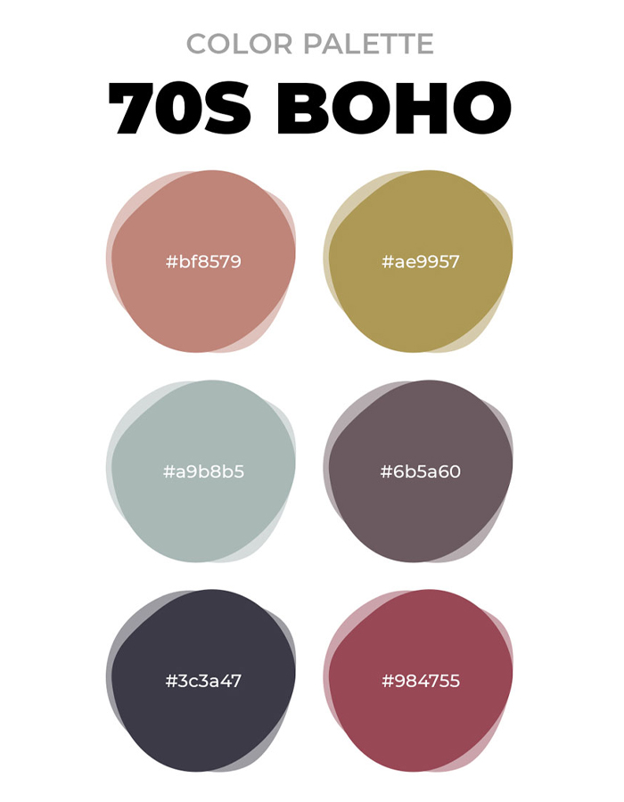 70s boho color palette showing six muted earthy tones with hex codes for unique boho decor ideas. 70s boho color palette showing six muted earthy tones with hex codes for unique boho decor ideas.