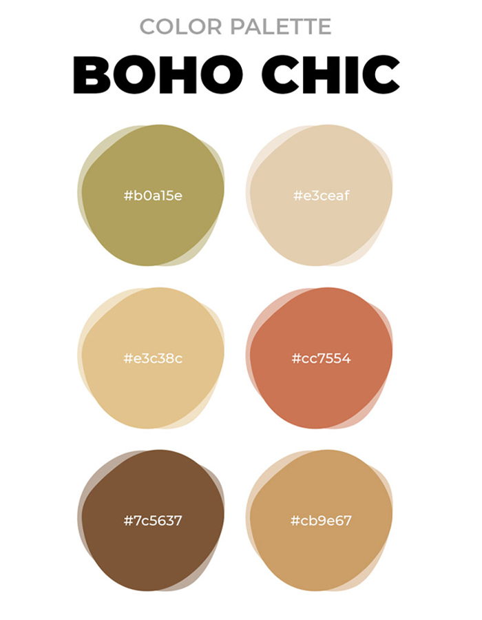 Boho chic color palette featuring earthy tones and warm hues for unique boho decor ideas in a stylish living space Boho chic color palette featuring earthy tones and warm hues for unique boho decor ideas in a stylish living space