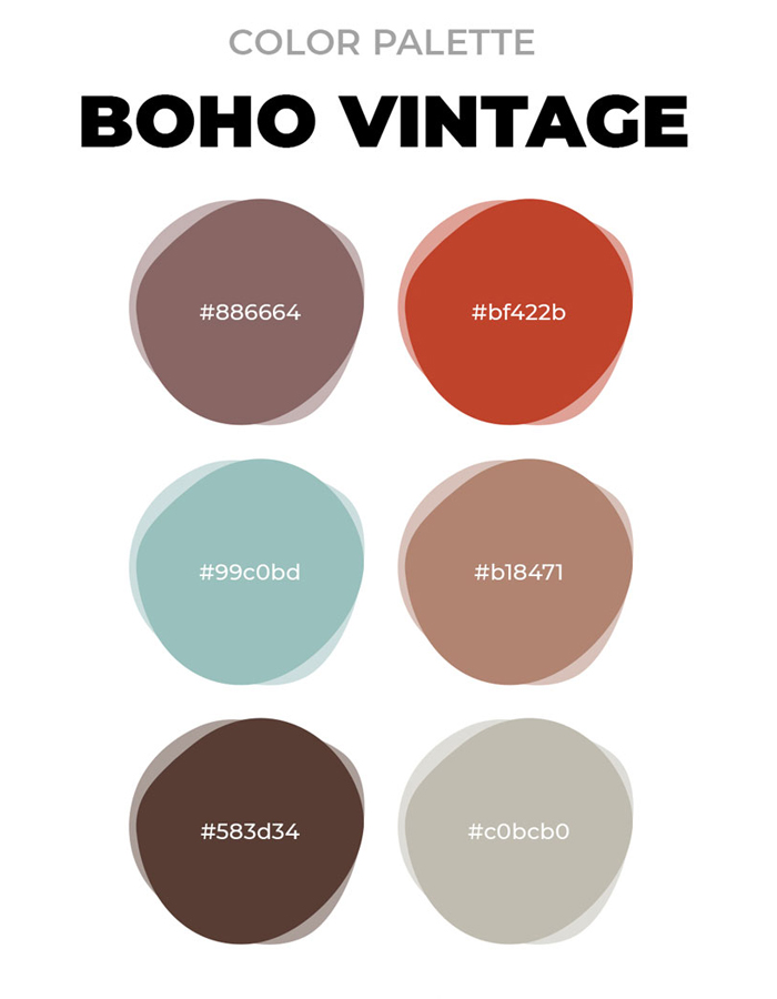 Boho vintage color palette with six earthy tones including muted red, teal, brown, and beige for unique boho decor ideas. Boho vintage color palette with six earthy tones including muted red, teal, brown, and beige for unique boho decor ideas.