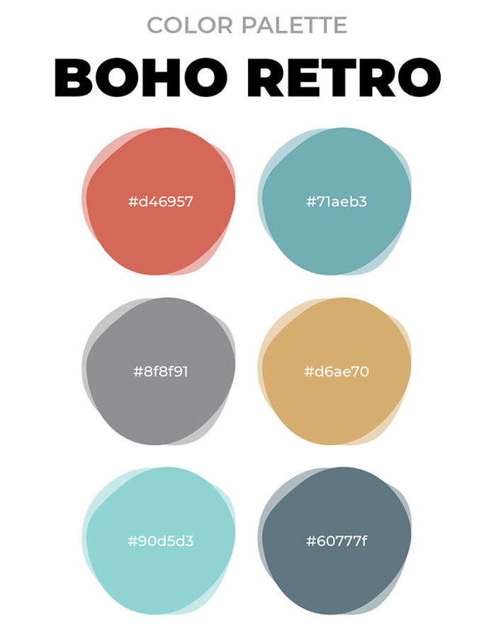 Boho retro color palette featuring six warm and cool tones for unique boho decor ideas and chic space styling. Boho retro color palette featuring six warm and cool tones for unique boho decor ideas and chic space styling.