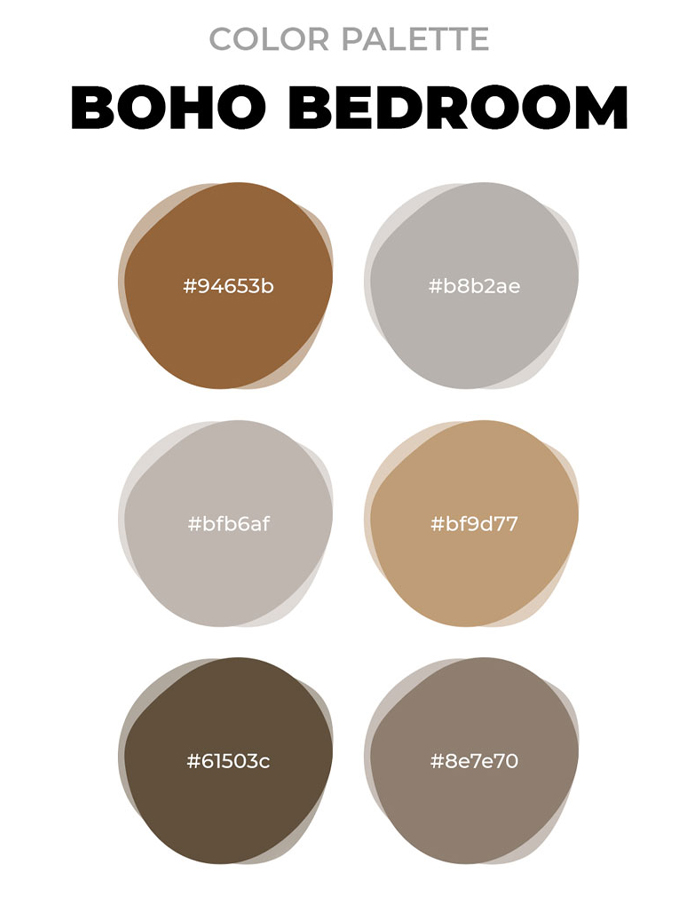 Boho bedroom color palette with six earthy tones including browns, beiges, and warm neutral shades for decor inspiration. Boho bedroom color palette with six earthy tones including browns, beiges, and warm neutral shades for decor inspiration.