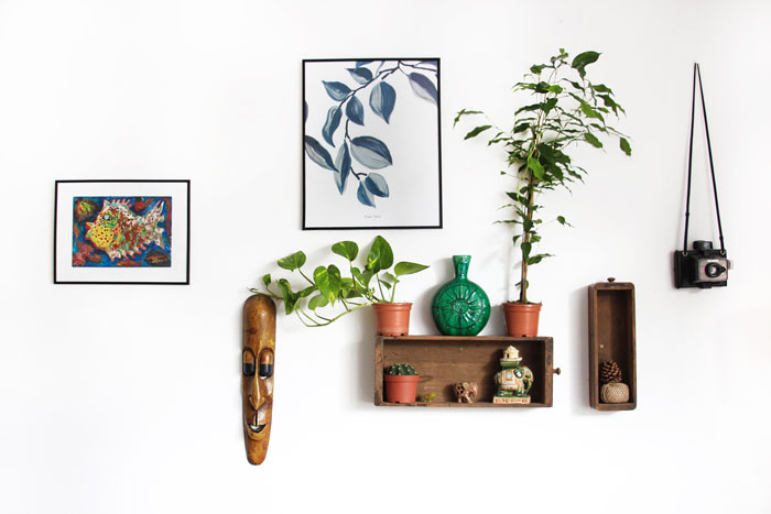 White wall with paintings, mask and shelf with plants and vase on it