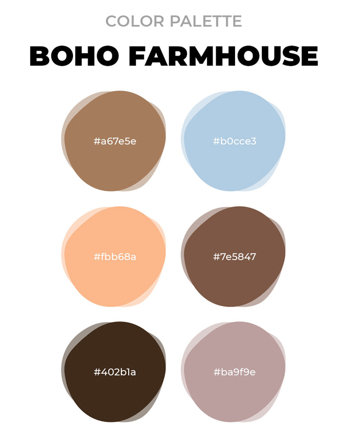 Boho farmhouse color palette featuring warm and cool earthy tones for unique boho decor ideas in a chic space. Boho farmhouse color palette featuring warm and cool earthy tones for unique boho decor ideas in a chic space.