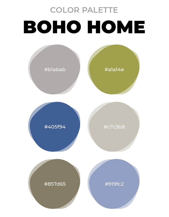 Boho home color palette with six muted earthy tones including greens, blues, and neutrals for unique boho decor ideas. Boho home color palette with six muted earthy tones including greens, blues, and neutrals for unique boho decor ideas.