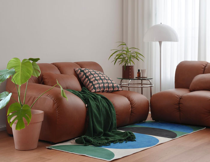 Two brown armless leather sofas in a cozy living room featuring plants, a colorful rug, and natural light, showcasing cheap couches. Two brown armless leather sofas in a cozy living room featuring plants, a colorful rug, and natural light, showcasing cheap couches.