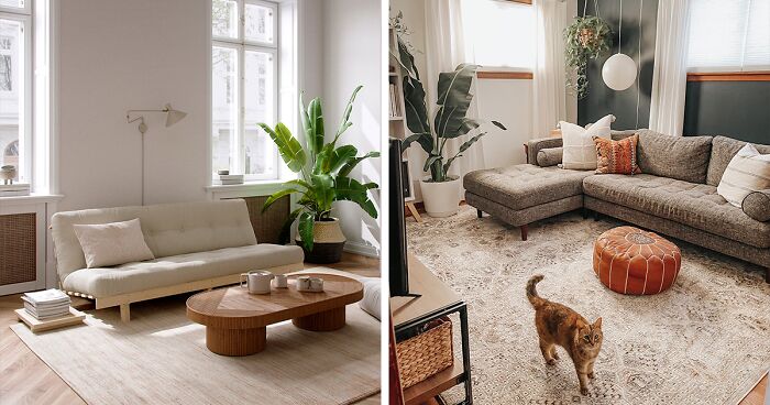 Two cozy living rooms featuring budget-friendly cheap couches, stylish decor, and indoor plants for a warm inviting atmosphere.