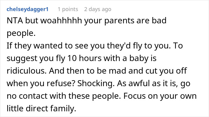 Woman Infuriates Her Parents By Not Going On A 10-Hour Flight So They Can See Their Grandbaby Woman Infuriates Her Parents By Not Going On A 10-Hour Flight So They Can See Their Grandbaby