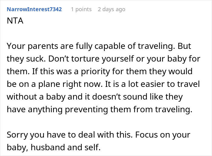 Woman Infuriates Her Parents By Not Going On A 10-Hour Flight So They Can See Their Grandbaby