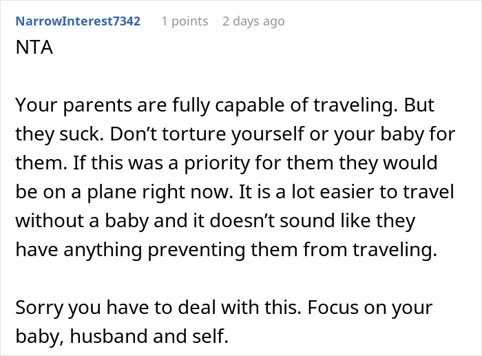 Woman Infuriates Her Parents By Not Going On A 10-Hour Flight So They Can See Their Grandbaby Woman Infuriates Her Parents By Not Going On A 10-Hour Flight So They Can See Their Grandbaby