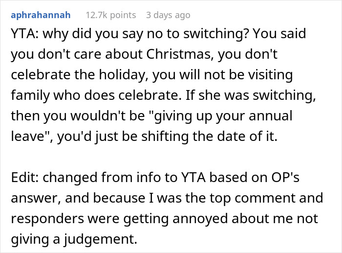 Internet Turns On Woman Who Refused To Swap Christmas Leave With Mom For No Reason