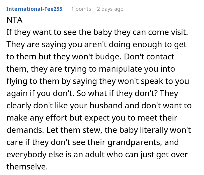 Woman Infuriates Her Parents By Not Going On A 10-Hour Flight So They Can See Their Grandbaby Woman Infuriates Her Parents By Not Going On A 10-Hour Flight So They Can See Their Grandbaby