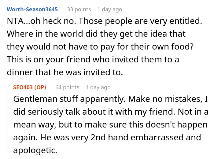 Screenshot of a Reddit conversation about entitled guests refusing to pay for excessive food orders at dinner. Screenshot of a Reddit conversation about entitled guests refusing to pay for excessive food orders at dinner.