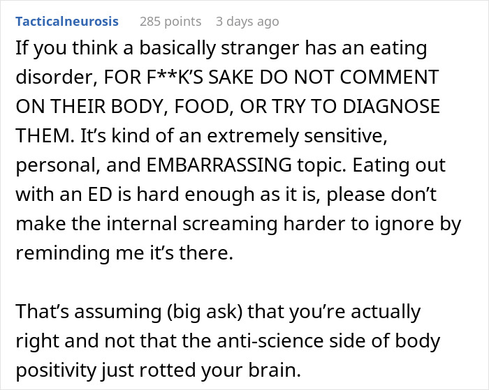 Woman Leaves Dinner Embarrassed After Pushing An ED Diagnosis On A Woman Who Was Not Having It Woman Leaves Dinner Embarrassed After Pushing An ED Diagnosis On A Woman Who Was Not Having It