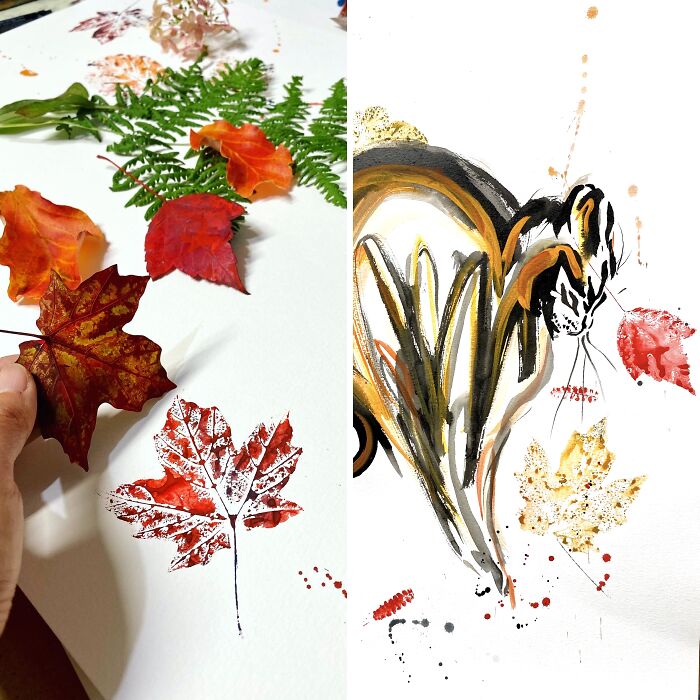 I Created Autumn Leaf-Inspired And Minimalist Cat Art