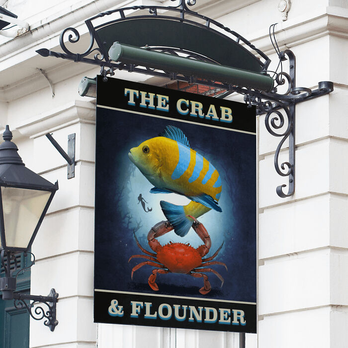 "The Crab and Flounder" pub sign, inspired by "The Little Mermaid"