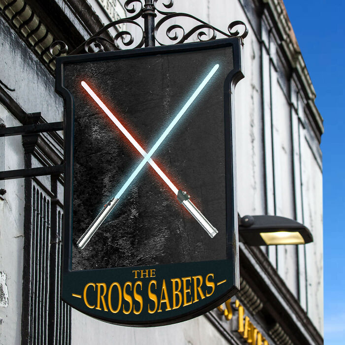 "The Cross Sabers" pub sign, inspired by "Star Wars"