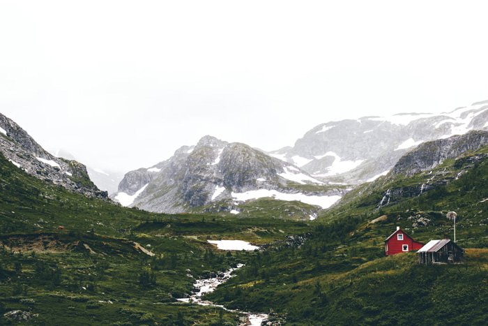Landscape of snowy mountains in Flåm, Norway