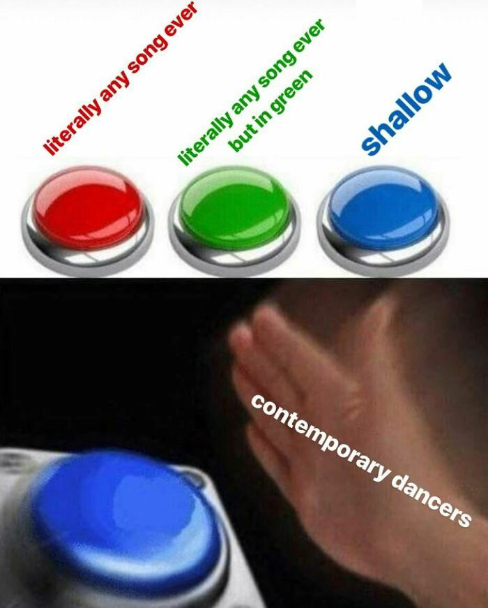 Contemporary dancers in a meme choosing a song, with a hand pressing a blue button labeled "Shallow."