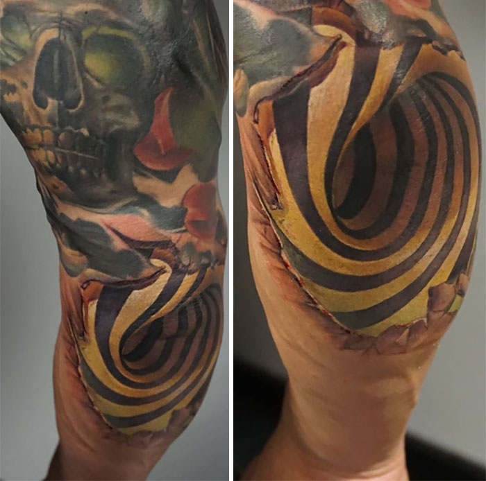 Watercolor spiral elbow tattoo