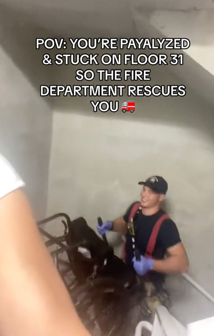 Firefighters Carry Paralyzed Woman For 13 Floors All The While Cracking Jokes And Making Her Laugh