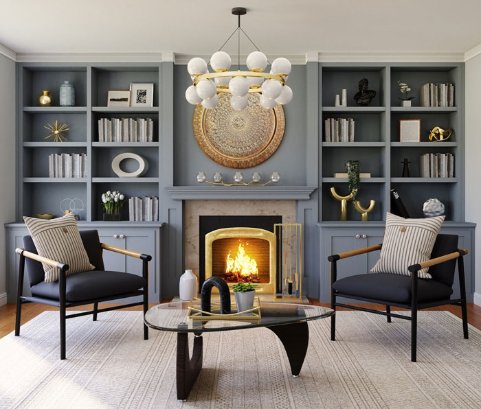 modern living room fireplace with elegant lighting fixtures
