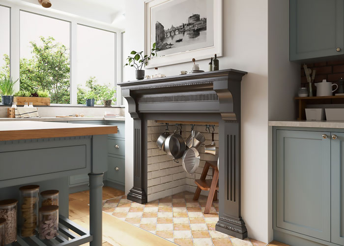 Kitchen fireplace with a dark gray mantle and pots stored inside