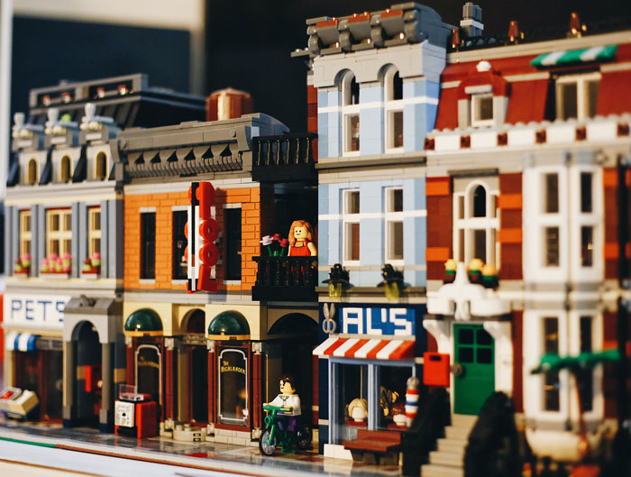 Lego town with building and people 