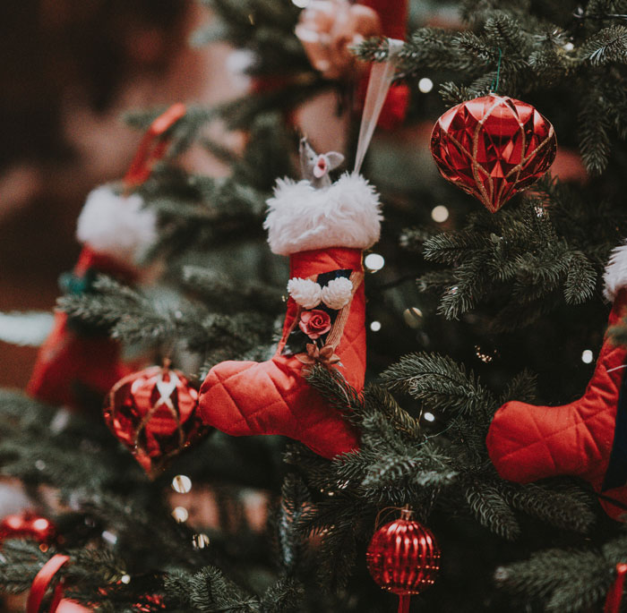 Lit decorated Christmas tree 