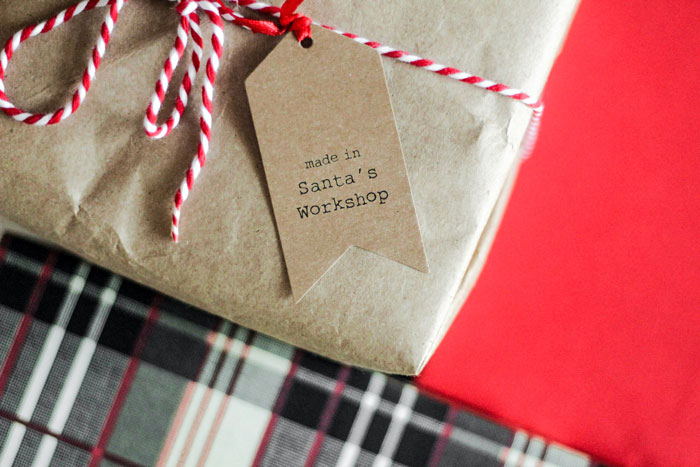 Made Santa's workshop tag attached to a gift 