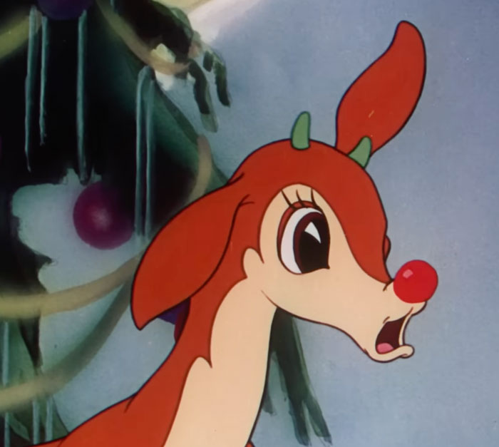 Rudolph the Red-nosed Reindeer looks surprised 