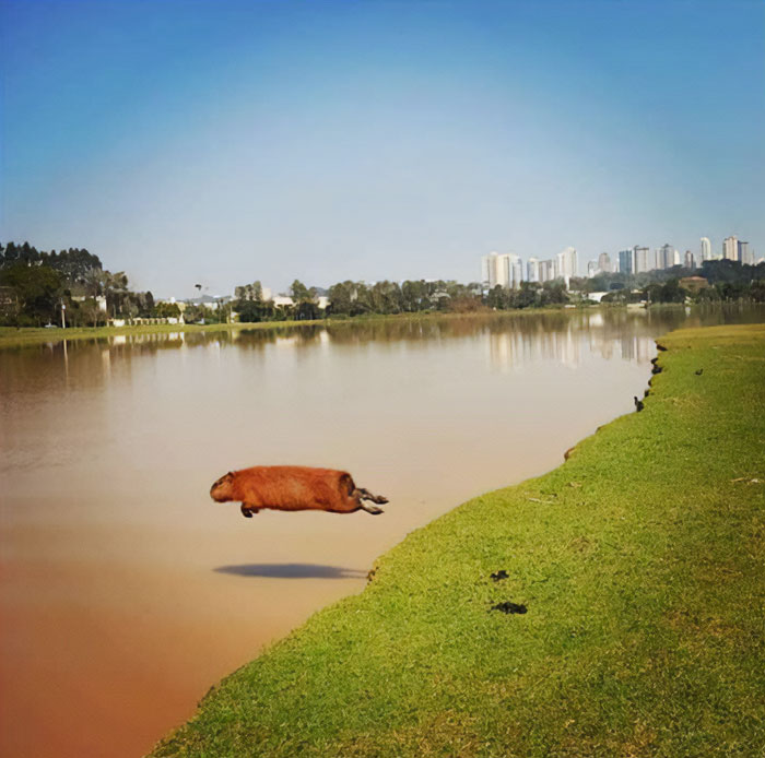 Una capibara volando