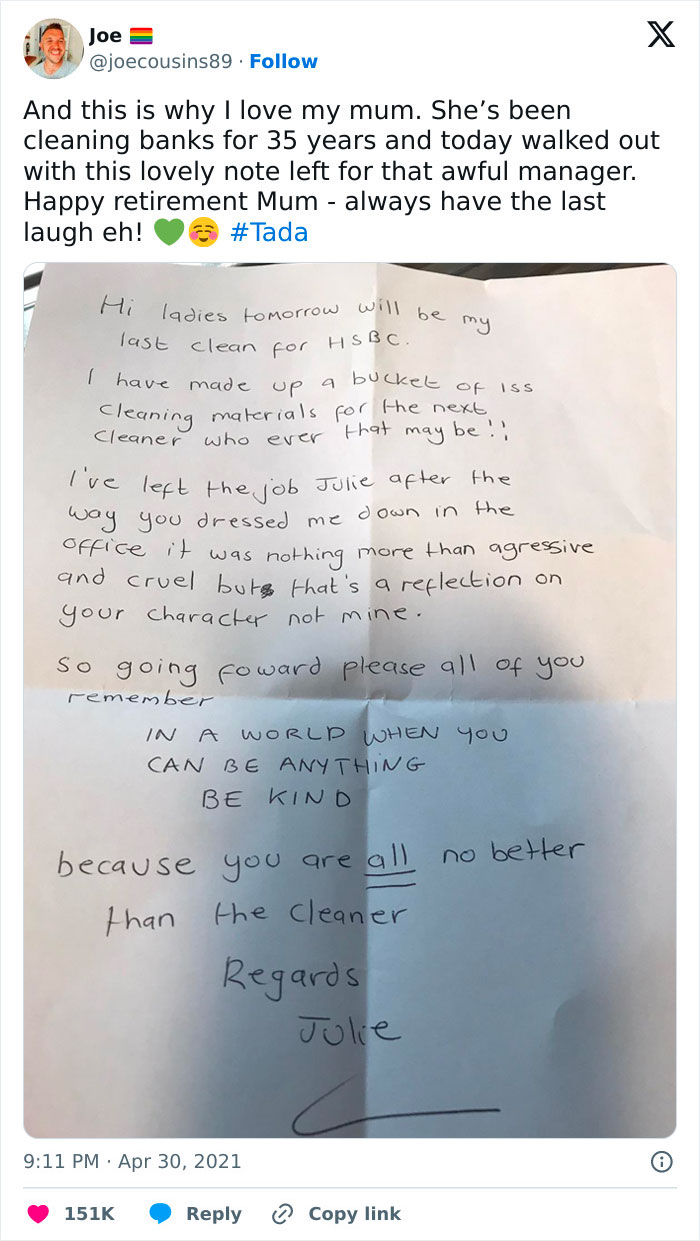 Lovely Cleaning Lady Leaves Retirement Note For Awful Manager