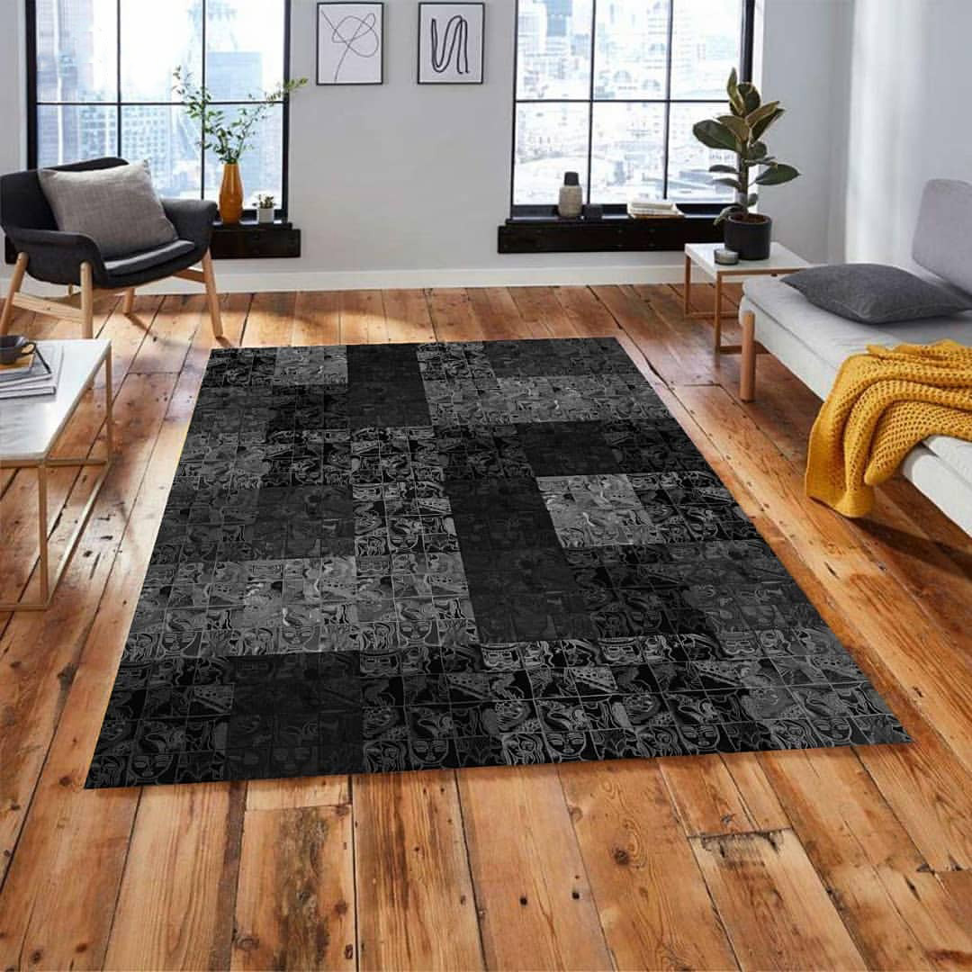 Big dark gray rug on the wooden floor