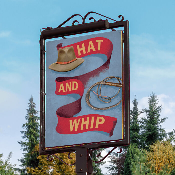 "Hat and Whip" pub sign, inspired by "Indiana Jones"