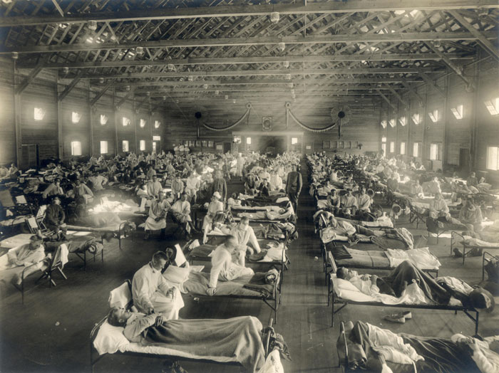 Soldiers sick with Spanish flu at a hospital ward, Camp Funston, Fort Riley, Kansas