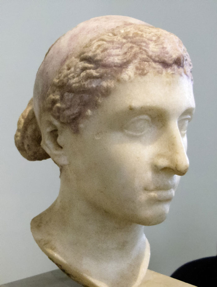 Marble bust of Cleopatra VII of Egypt wearing a royal diadem from ca. 40-30 BC