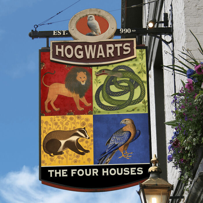 "The Four Houses" pub sign, inspired by "Harry Potter"