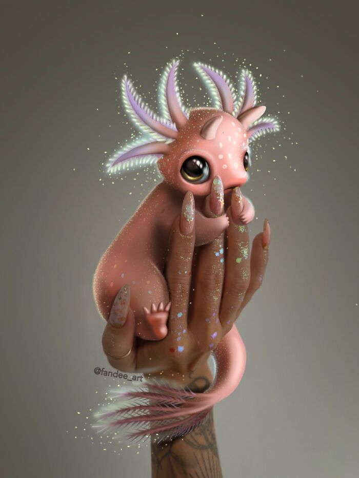 Baby Axolotl And Nude Manicure With Mermaid Sparkles